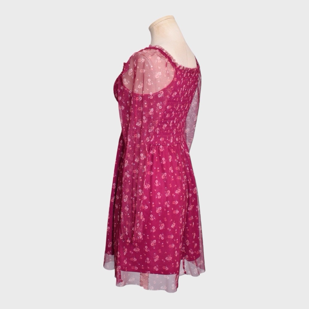 Art Class Smocked Floral Mesh Dress Sheer Long Sleeve Square Neck - Picture 4 of 5